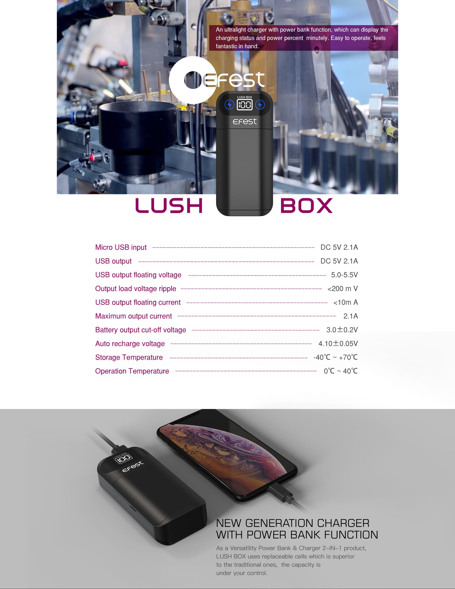Efest Lush Box 18650 Charger with Power Bank Function