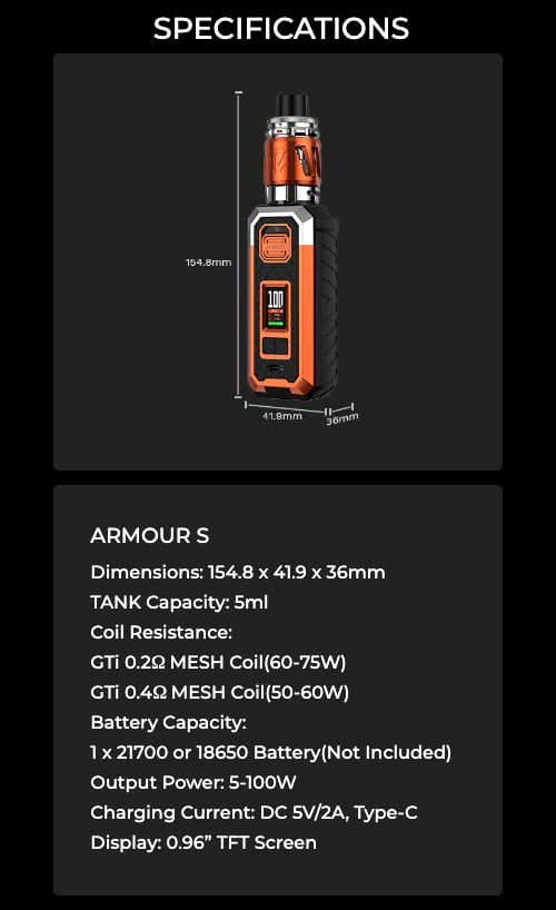 Vaporesso Armour S 100w Kit - Specifications